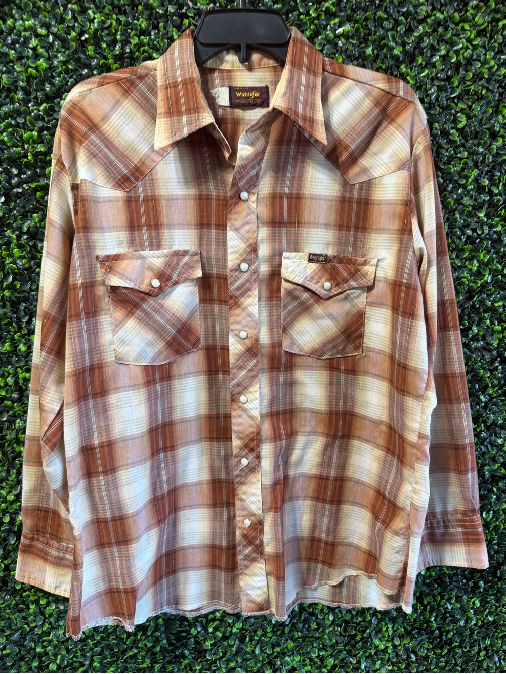 Vintage Wrangler Plaid Cowboy Shirt Pearl Snap Earth Tone Brown Tan